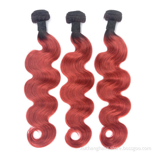 Free Sample Hair Bundles Cuticle Aligned Raw Burmese Hair Indian Body Wave Two Tone Ombre 1B/Red Virgin Human Hair